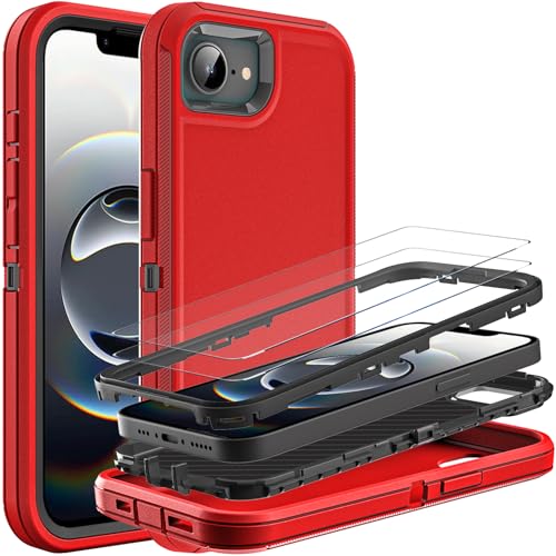 YKHJKLEC for iPhone 16e Case, Military Grade 3 in 1 Heavy Duty Shockproof/Drop Proof/Dust Proof Case with 2Pcs Tempered Glass Screen Protector (Red/Black) - color: Red/Black