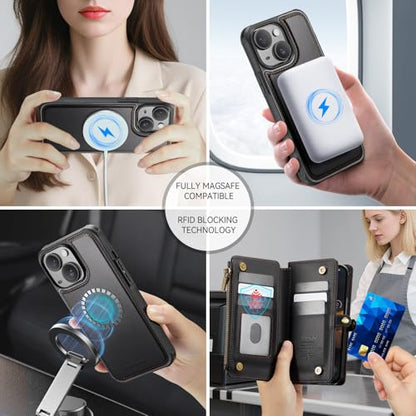 Defencase for iPhone 14 Plus Case Wallet Compatible with Magsafe, Black | Drop-Proof Magnetic Detachable Phone Cases Cover, with RFID Bolcking Card Holder, Zipper Strap, PU Leather, Removable Wallet - color: (Detachable with Magsafe)-Black