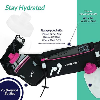 Fitletic Hydration Running Belt with Water Bottles for Men & Women – 2 Quick Flow 8oz Running Water Bottles, Patented Bounce Free Design, Water Resistant Pouch Fits All Phones – Hydra 16 - size: S/M (24"-34"), style: Black & Pink