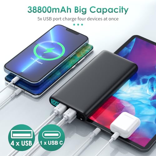 Portable Charger 38800mAh Power Bank with 5 Outputs & 2 Inputs,PD USB C In&Out Fast Phone Charging External Battery Pack Backup,Travel Essential Outdoor for iPhone 18/17/16,Android Samsung Galaxy etc - color: Black