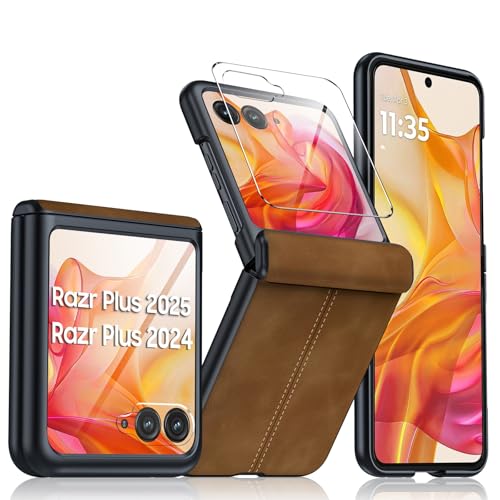 for Motorola razr+ Plus 2026 Case, Razr+ Plus 2025/2024 Case Built-in Screen Protector& Hinge Protection & Ultra Thin PU Leather Matte PC Shockproof Case for Moto Razr+ 2026/2025/2024 (Brown) - color: Brown, size: Razr+ 2025/2024