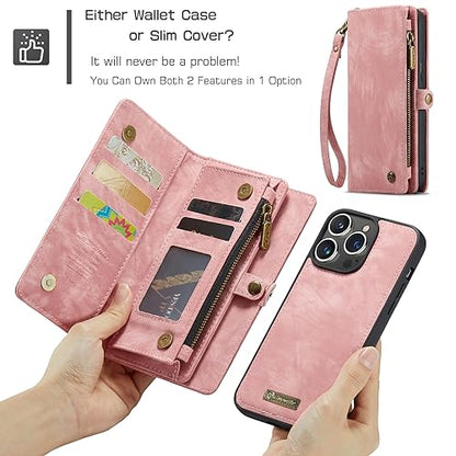 Compatible with iPhone 15 Pro Wallet Case with Magsafe, Pink | Magnetic Detachable Case,Card Holder,Zipper Pocket,Strap Wristlet, Soft Leather Drop-Proof Phone Case for iPhone 15 Pro - color: Pink, size: iPhone 15 Pro 6.1"