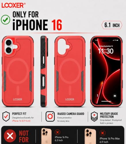 LOOXER® Heavy Duty Rugged Magnetic Case for iPhone 17 (6.3”) | Military Grade Shockproof Protection,MagSafe Compatible+ Tempered Glass Included (Red, 17) - color: Red, size: 17