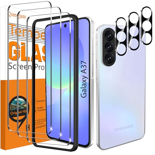 QsmQam 3 Pack Screen Protector for Samsung Galaxy A37 5G + 3 Pack Camera Lens Protector, Ultra HD Tempered Glass, 9H Hardness, Anti Scratch, Easy Installation - Case Friendly