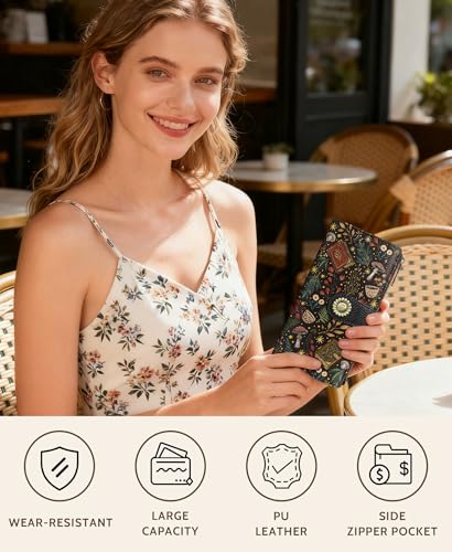 GIANCOMICS Book Mushroom Womens Wallet RFID, Goth Credit Card Holder Bifold | Billfold, Cute Cash Purse, Travel Zipper Coin Pocket, Compact Clutch, PU Leather, ID Window, 11 Card Slots, Ladies Gift Woman - color: Books and Mushrooms