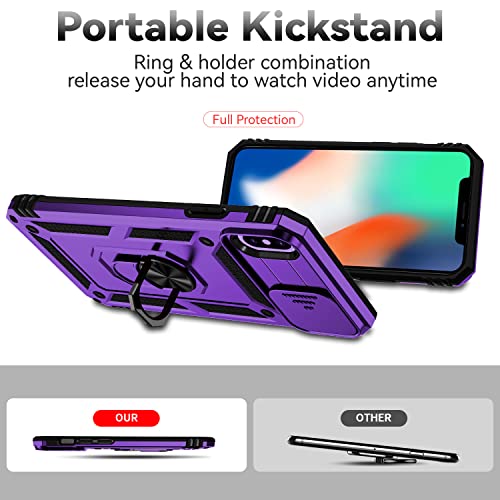 for iPhone XS Max Case with Camera Lens Cover HD Screen Protector, Dual Layer Military Grade Drop Protection Magnetic Ring Holder Kickstand Protective Phone Case for iPhone XS Max 6.5 inch (Purple) - color: Purple with camera cover Military-Grade 2nd gen