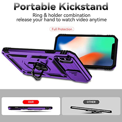 for iPhone XS Max Case with Camera Lens Cover HD Screen Protector, Dual Layer Military Grade Drop Protection Magnetic Ring Holder Kickstand Protective Phone Case for iPhone XS Max 6.5 inch (Purple) - color: Purple with camera cover Military-Grade 2nd gen