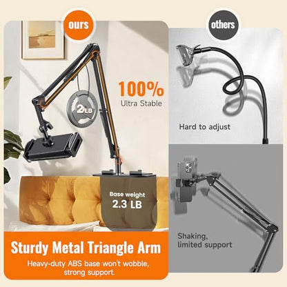 Phone Holder for Bed & Kindle Holder for Bed, Overhead Cell Phone Mount, Adjustable 360° Rotatable Metal Tablet Stand Holder for iPad Pro Air Mini, iPhone17/16, Kindle Other 5-12.9 Inch Devices