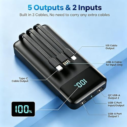 Portable Charger 40800mAh Power Bank,Built-in Cables,25W Fast Charging - color: Black