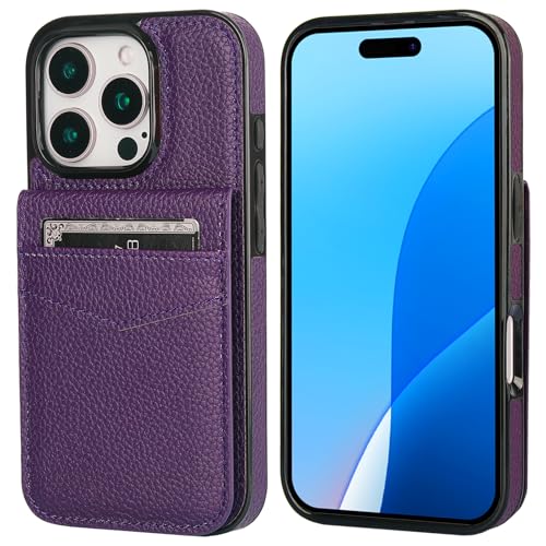 KIHUWEY for iPhone 16 Pro Wallet Case Card Holder, Lichee Dark Purple | Credit Card Slots, PU Leather, Kickstand, Magnetic, Flip Heavy Duty Protection Cover for Men and Women - color: Lichee Dark Purple