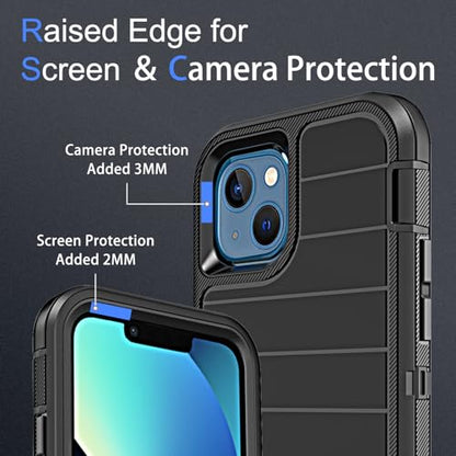 YmhxcY for iPhone 13 Case, 2X Glass Screen and Camera Protector, 3 in 1 Heavy Duty Shockproof Drop Protection Stripe Rubber Cover for 13 6.1"-Black - color: Black