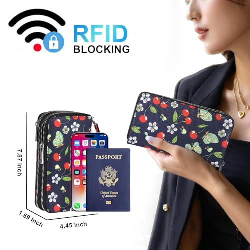 RFID Blocking Cellphone Wallet for Women with Wrist Strap, Double Zipper Travel Clutch Purse Large Capacity, Cherry - color: Cherry