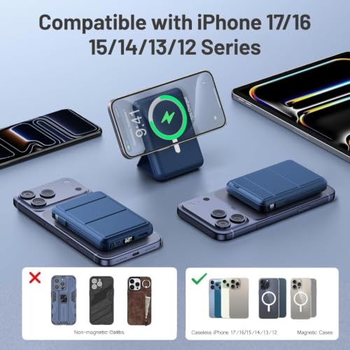 Azmuth for MagSafe Portable Charger, 10000mAh Magnetic Power Bank | 20W PD Fast Charging Magnetic Travel Charger with Dual USB-C LED Display for iPhone 17/16/15/14/13/12 Series - color: Blue
