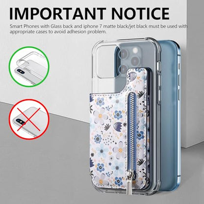 Stick on Wallet for Phone Case, Credit Adhesive Card Holder for Back of Phone Cases Flip Leather Zipper Flower Wallet Sleeve Compatible with iPhone, Samsung Galaxy Most Smartphones Blue - color: Flower Blue