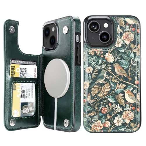 uCOLOR for iPhone 13/14 Wallet Case with Card Holder Blue Tree Birds | Compatible with MagSafe,Folio Flip PU Leather Magnetic RFID Design with Camera Lens Protector - color: Blue Tree Birds