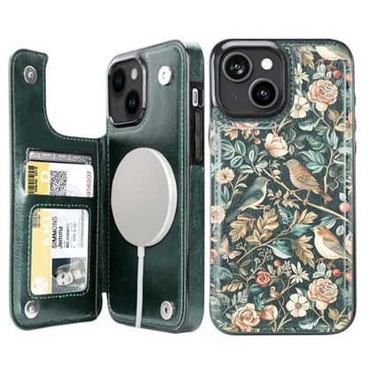 uCOLOR for iPhone 13/14 Wallet Case with Card Holder Blue Tree Birds | Compatible with MagSafe,Folio Flip PU Leather Magnetic RFID Design with Camera Lens Protector - color: Blue Tree Birds