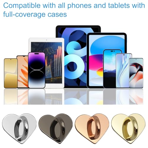 4 Pcs Phone Charm Hooks, Adhesive Metal Cell Phone Finger Grip Loops Stand, Heart Grip Rings Charm Holder, for DIY Cellphone Case Tablets Hanging Supplies(Black, Silver, Gold, Rose Gold)