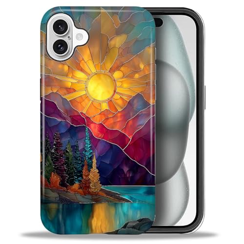 DAIZAG Case for iPhone 16,Mountain Range Sunrise Stained Glass Full-Body Design Hybrid Dual Protection Soft TPU Hard PC Shockproof Scratch-Resistant Protective Cover Phone Case for Men Women - color: Mountain Range Sunrise Stained Glass, size: iPhone 16