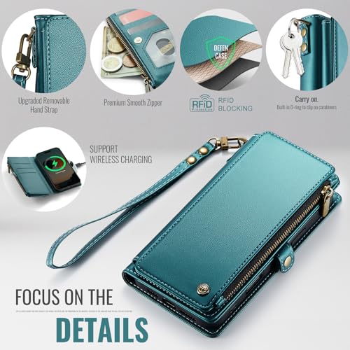 Defencase for iPhone 17 Pro Max Wallet Case with RFID Card Holder, Green | Durable Soft PU Leather, with Zipper Pocket, Wrist Strap, Fashion Snap Flip Phone Cases Cover with Stand for Women and Men - color: Blue Green