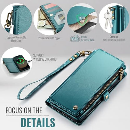 Defencase for iPhone 17 Pro Max Wallet Case with RFID Card Holder, Green | Durable Soft PU Leather, with Zipper Pocket, Wrist Strap, Fashion Snap Flip Phone Cases Cover with Stand for Women and Men - color: Blue Green