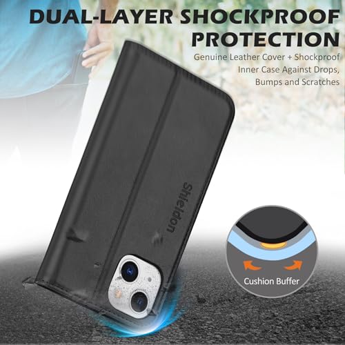 SHIELDON Genuine Leather Folio Wallet Case for iPhone 13 6.1" 2021, Black | Magnetic Closure, RFID Blocking, Credit Card Holder, Kickstand, Book Design, Shockproof Phone Cover - color: Black