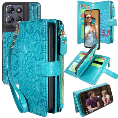 Harryshell Detachable Wallet Leather Case Compatible with Motorola Moto G Power 2025 / G Power 2026 Magnetic Phone Case Zipper Cash Coin Pocket Multi Card Slots Holder Wrist Strap (Flower Blue Green) - color: Flower Blue Green, size: Moto G Power 2025 / M