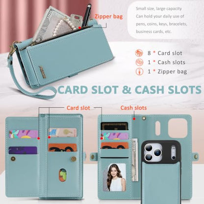 for iPhone 17 Pro Max Wallet Case, Detachable Magnetic Phone Case,Faux Leather Strap Wallet,with RFID Blocking，Zipper Card Holder，Shoulder Straps (Blue) - color: Blue, size: iPhone 17 Pro Max