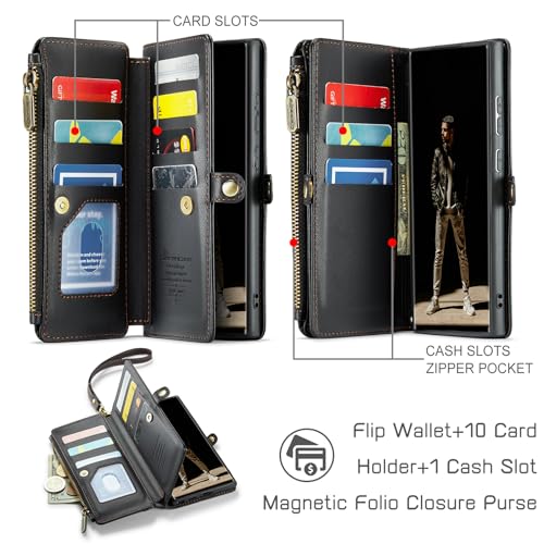 Defencase for Samsung Galaxy S22 Ultra Wallet Case with Card Holder, Black | Durable PU Leather, with RFID Blocking Zipper Pocket, Wrist Strap, S22 Ultra Flip Phone Cases Cover with Stand for Women Men - color: Elegant Black