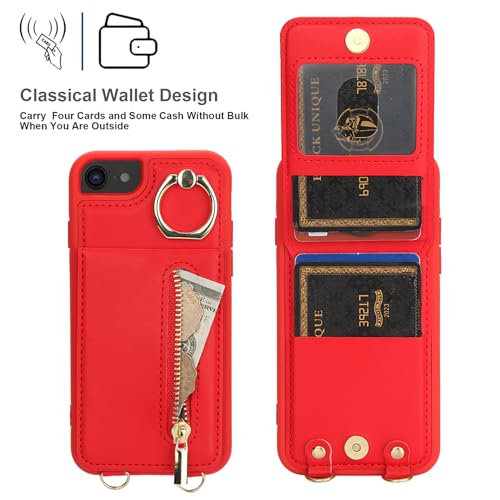 Crossbody Wallet Case for iPhone 7/8/SE 2020/SE 2022, with Card Slots Zipper Pocket Case, Flip Folio Purse RFID Blocking with Ring Kickstand Detachable Strap-Red - color: Red, size: iPhone 7/8/SE 2020/SE 2022 (4.7")