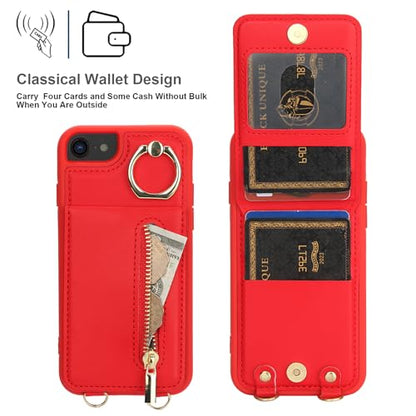 Crossbody Wallet Case for iPhone 7/8/SE 2020/SE 2022, with Card Slots Zipper Pocket Case, Flip Folio Purse RFID Blocking with Ring Kickstand Detachable Strap-Red - color: Red, size: iPhone 7/8/SE 2020/SE 2022 (4.7")