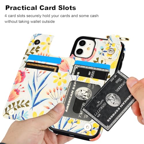 HAOPINSH for iPhone 11 Wallet Case with Card Holder, Floral Flower Print Back Flip Folio PU Leather Kickstand Card Slots Case, Finger Grip Ring Double Magnetic Clasp Shockproof 6.1" - color: Floral Flower Grip Ring