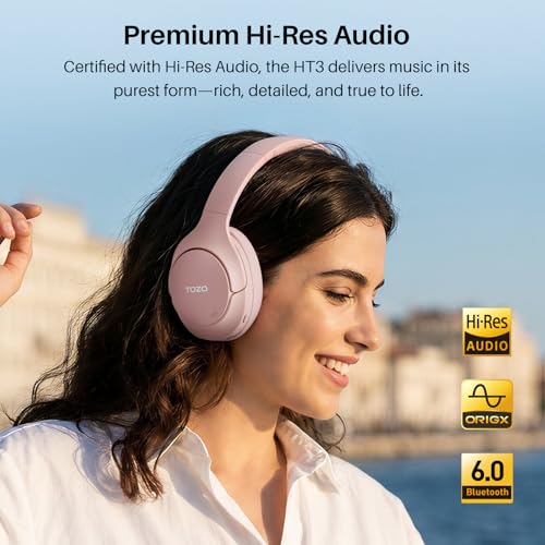 TOZO HT3 Hybrid Noise Cancelling Wireless Headphones, 90H Over Ear Headset - color: Titanium Pink