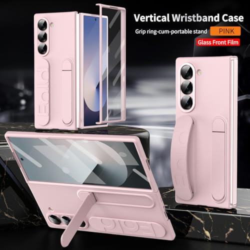 for Samsung Galaxy Z Fold 6 Protect Case with Wristband Stand,Bulit-in Screen & Lens Protection Shockproof Full Body Drop Fall Protection.(Pink) - color: Pink
