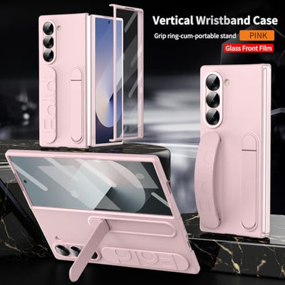 for Samsung Galaxy Z Fold 6 Protect Case with Wristband Stand,Bulit-in Screen & Lens Protection Shockproof Full Body Drop Fall Protection.(Pink) - color: Pink
