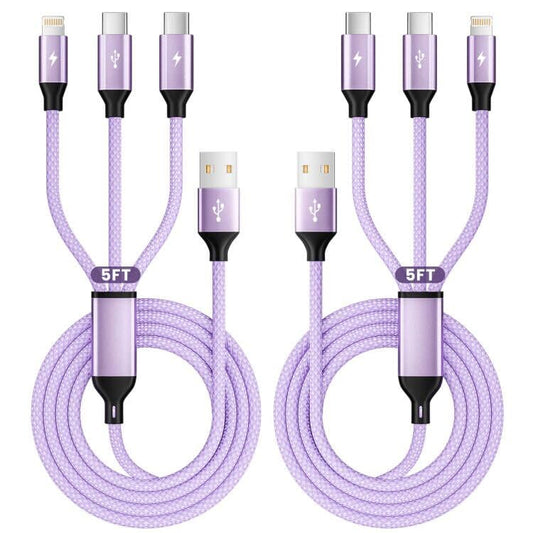 Multi Charging Cable for Multiple Devices with 2 USB-C/IP Port, 2Packs 5FT - color: Lavender, size: 2Pack 5FT