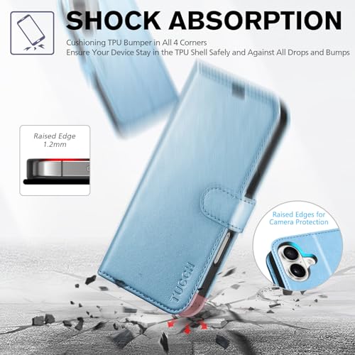 TUCCH Wallet Case for iPhone 16 (6.1") 2024, Flip Stand, Pearly Light Blue | RFID Blocking, 4 Card Holders, Kickstand, PU Leather, Shockproof TPU Shell, Magnetic Closure, Protective Folio Cover - color: Pearly Light Blue