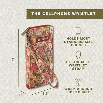 Bella Taylor Cell Phone Wristlet, Quilted Phone Wallet for Women | Lightweight, RFID blocking, phone pocket, built-in wallet, card organizer, coin pocket, secure zipper, quality construction - color: Autumn Garden