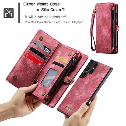 Compatible with Samsung Galaxy S23 Ultra Wallet Case,Zipper Folio Leather Case Wallet with Card Holder Strap Wristlet Detachable Magnetic Protective Back Case for Galaxy S23 Ultra 6.8" (Red) - color: Red, size: S23 Ultra 5G 6.8 Inch