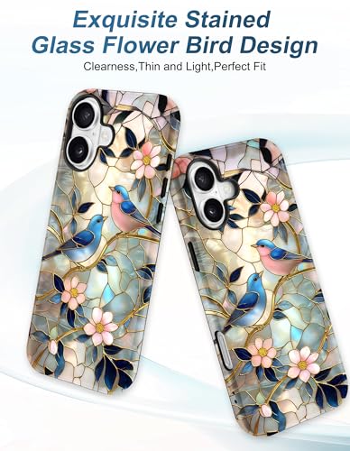 Jusy Magnetic Stained Glass Floral Case for iPhone 16e/17e, Bird | Compatible with MagSafe, Cute Aesthetic Flower Design, TPU and PC Protective Phone Cover - color: Bird