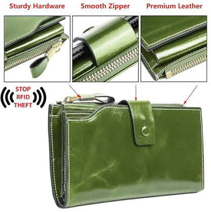 YALUXE Women's Real Leather Wallet RFID Protect 21 Card Slots Phone Pocket - color: 4- Waxed Green, size: Genuine Leather