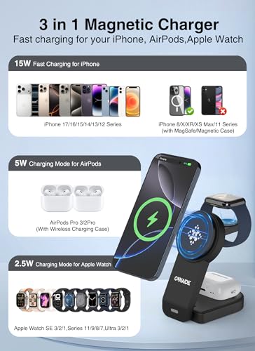 3 in 1 Foldable Charging Station for Apple Devices, Wireless Charger Stand for MagSafe Charger for iPhone 17/16/15/14/13/12, Phone Watch Charging Station for iWatch 10-2, for AirPods