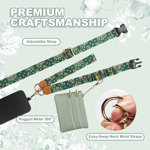 Phone Lanyard Crossbody with Zippered Wallet, Wrist Strap, Key Ring, Phone Tab and Bracelet, Adjustable Anti Theft Lanyard for Women, Dark Green