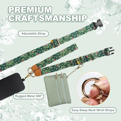 Phone Lanyard Crossbody with Zippered Wallet, Wrist Strap, Key Ring, Phone Tab and Bracelet, Adjustable Anti Theft Lanyard for Women, Dark Green
