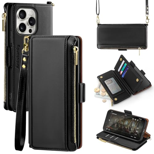 Antsturdy Crossbody Phone Wallet Case for iPhone 14 Pro,Black | RFID Blocking,PU Leather Flip Cover,Kickstand,with Credit Card Holder,Wrist Strap Lanyard & Handbag Purse,for Women & Men - color: (Crossbody) - Black