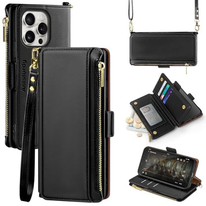 Antsturdy Crossbody Phone Wallet Case for iPhone 14 Pro,Black | RFID Blocking,PU Leather Flip Cover,Kickstand,with Credit Card Holder,Wrist Strap Lanyard & Handbag Purse,for Women & Men - color: (Crossbody) - Black