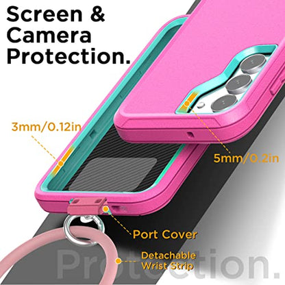 AICase for Galaxy S23 Case with Detachable Anti-Lost Hand Strap/Wristband,Heavy Duty Drop Protection Full Body Rugged Shockproof/Dust Proof 3-Layer Military Protective Durable for Samsung S23 6.1"_6 - color: Pink/aqua blue+Lilac Purple Anti-lost wristband