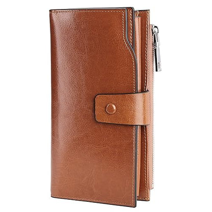 YALUXE Women's Real Leather Wallet RFID Protect 21 Card Slots Phone Pocket - color: 8- Waxed DarkBrown, size: Genuine Leather