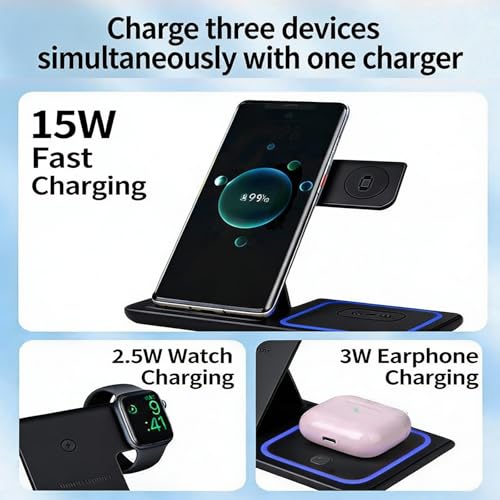 3-in-1 Foldable Wireless Charger with Night Light - 15W Fast Wireless Charger for Simultaneous Charging of Phone, Watch & Earbuds, Compatible with All Qi-Certified Devices,X455 Black. - color: Multifunctional Wireless Charger X455 Black
