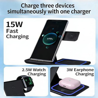 3-in-1 Foldable Wireless Charger with Night Light - 15W Fast Wireless Charger for Simultaneous Charging of Phone, Watch & Earbuds, Compatible with All Qi-Certified Devices,X455 Black. - color: Multifunctional Wireless Charger X455 Black