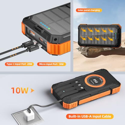 Solar Charger Power Bank 49800mAh Wireless Portable Phone Charger, 22.5W QC3.0 Fast Charging Built in 4 Cables with USB C 6 Outputs & 2 Inputs for All Cell Phone - color: Orange